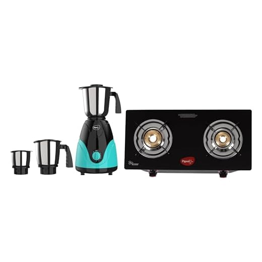 Pigeon Zest Mixer Grinder 3 Speed Control 750 Watt Powerful Copper Motor with 3 Jars - Blue & Pigeon Aster Gas Stove 2 Burner with High Powered Brass Burner, black (14266)