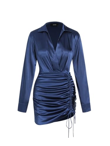 CIDER Satin Women Mini Shirt Dress Long Sleeve Collar Drawstring Waist Party Elegant Short Dress