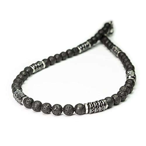 Collier Homme perles 8mm pierre naturelle Lave Volcanique noir rondelles Hématite métal INOX Style antique Fait main en France (45-50 cm expédié Amazon)
