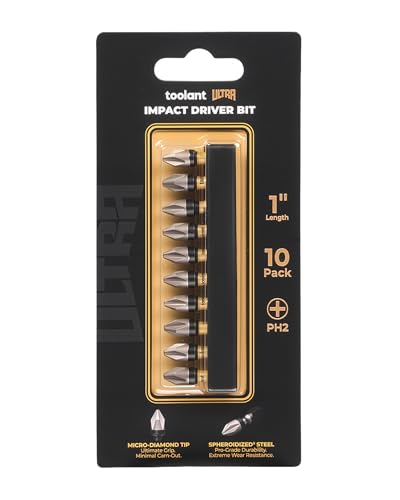 Image of toolant PH2 Phillips Impact Bit Set, 1 Inch, 10-Piece, Magnetic | S2 tool steel construction, precision-machined tips, anti-slip profile, magnetic retention, impact-driver use