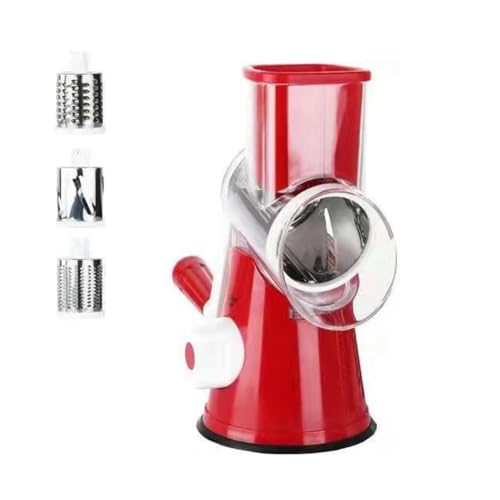 Sunmeit Affettatrice Rotativa Manuale per da Cucina, Grattugia per Formaggio, Tritatutto con 3 Tamburi Affilati nel Acciaio Inossidabile Rosso