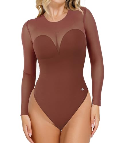 Popilush Long Sleeve Body Suits Womens Tummy Control Mesh Shapewear