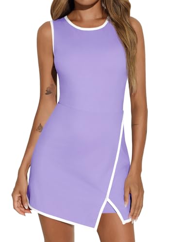 Fisoew Women's Workout Tennis Dress with Built-in Bra & Shorts Pockets Sleeveless Crewneck Golf Athletic Mini Dresses