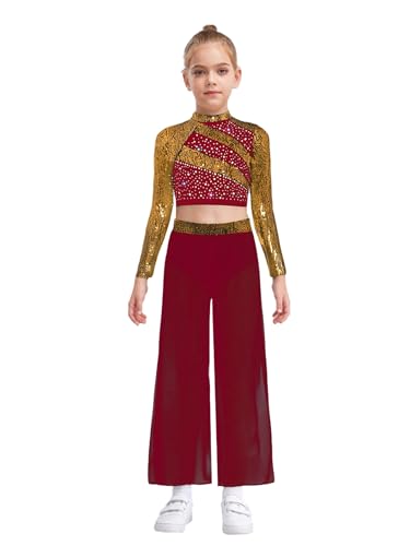 Costume de danse filles 2 pièces haut paillettes et pantalon large bordeaux 13-14 ans