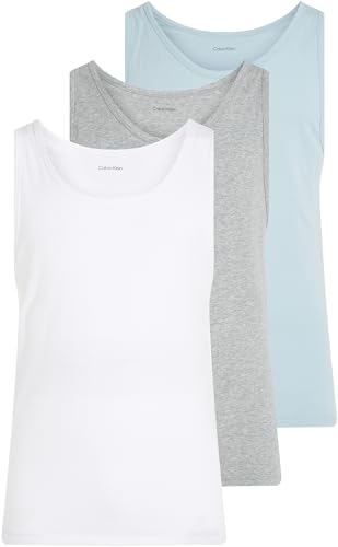Calvin Klein Men’s 3 Pack Round Neck Tank Tops, Multicolor (White, Grey Heather, Sterling Blue), XL