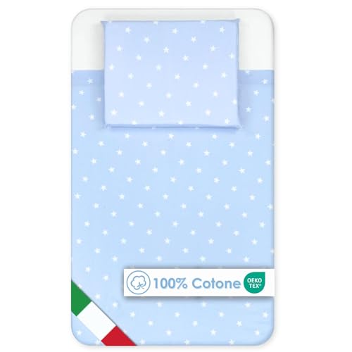 Baby Idea Next To Me - Juego de sábanas de 3 piezas compatibles para cuna de bebé, 83 x 50 cm, sábana bajera con esquinas + funda de almohada 100% algodón certificado Oeko Tex Made in Italy (estrella