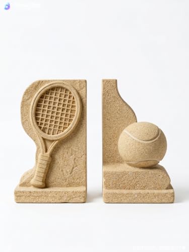 Tennis Racket & Ball Bookends, Sandstone Decorative Book Ends for Shelves, Sports Theme Home Office