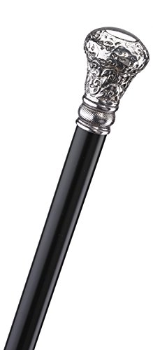 Gehstock Knaufstock Baroque, Knaufgriff aus massivem Silberzinn mit barrocken Zieselierungen und Mustern, aufgesetzt auf einen Stock aus schwarz lackiertem Hartholz, inklusiv Gummipuffer Cover