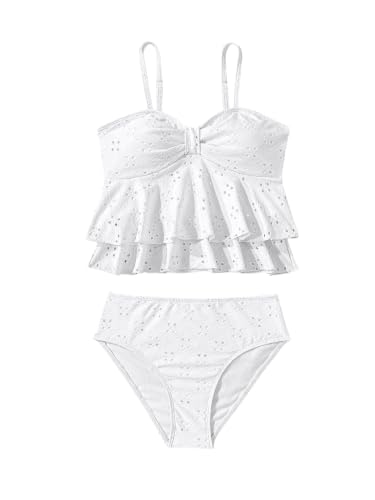 Image of SHENHE Girl's 2 Piece Tankini Swimsuit Ruffle Flounce Bathing Suit Eyelet Embroidery Swimwear