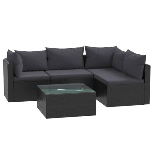 vidaXL Gartenmöbel 5-TLG. mit Auflagen Garten Garnitur Lounge Gartenset Sitzgruppe Rattanmöbel Gartensofa Sofa Poly Rattan Schwarz