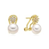 MINOPLATA Pendientes de Perla Cultivada 7mm con Flor de Circonitas, Plata de Ley 925 Chapada en Oro, Cierre Omega
