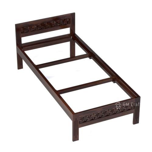 Image of Sheesham Wood Single Bed, Diamond Pattern Headboard, 80 x 38 inches, Without Storage (Walnut)