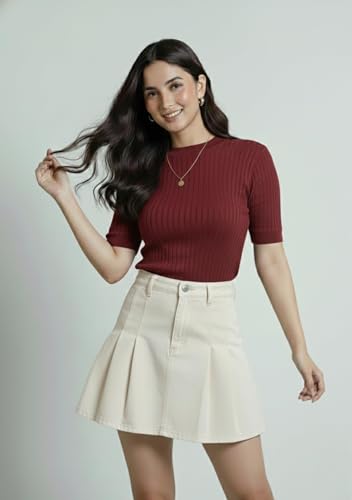 Image of Women Ribbed Knit Top | Solid Slim Fit Half Sleeve Top for Women | Stretchable Casual & Office Wear T-Shirt