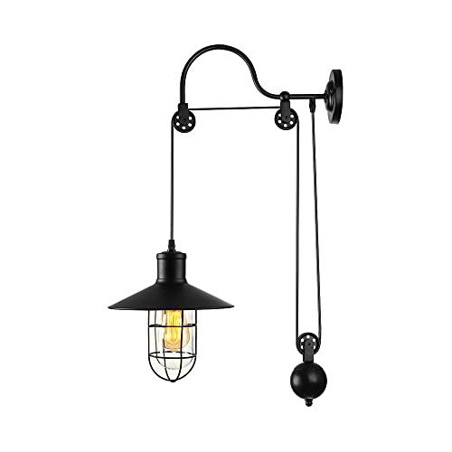 BAYCHEER Industrial Retro Farmhouse Style Lifting Pulley Retractable Adjustable Glass Birdcage Wall Lamp Light Wall Sconce use E26 Light Bulb Socket for Bedroom Restaurant Bar, Black