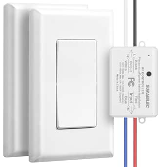 Suraielec 3 Way Wireless Light Switch, No Wiring, No WiFi, 100ft RF Range, Pre-Programmed, Expandable Wireless Wall Switch and Receiver Kit, Remote Control Light Fixture for Lamp, Ceiling Light, Fan
