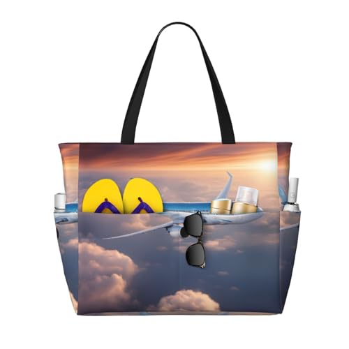 Beautiful Sky Airplane Extra Large Tote Bag For Women,Foldable Beach Bag With Pocket Weekender Travel Overnight Bag