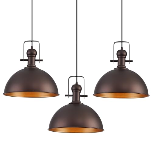 ALAISLYC 12 Inch Oil Rubbed Bronze Farmhouse Pendant Lights Large Pendant Lights for Kitchen Island Industrial Adjustable Height Vintage Big Dome Hanging Light Fixtures for Barn, Dining Room 3 Packs