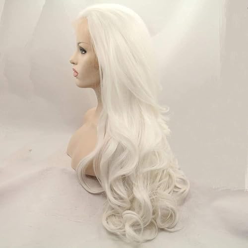 Xiweiya Long Body Wavy Platinum Blonde White Synthetic Lace Front Wig Soft Natural Hair Replacement Full Wig Heat Resistant Fiber For Women 24 inch