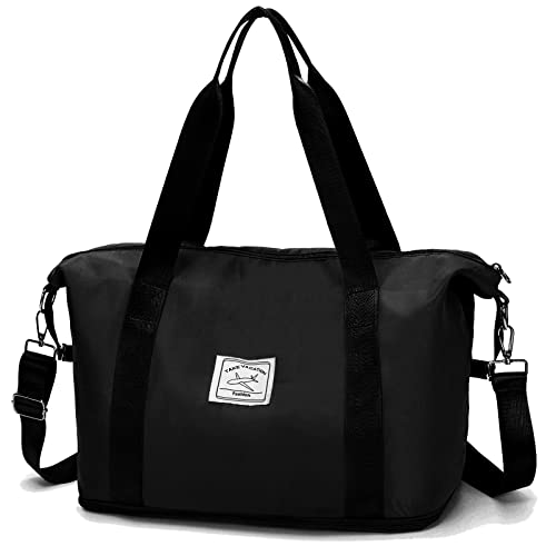 Sac de week-end pour femme - Sac de voyage - Grand sac fourre-tout pour hôpital - Sac de sport pour femme avec poche humide, Noir avec sangle, Classique Cover