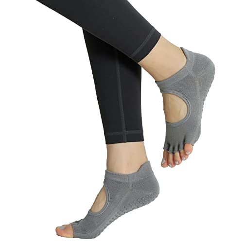 Image of Yoga Pilates Toe Socks Toeless Socks with Grips for Women Non Slip Cushioned Low Cut Ankle Socks for Dance