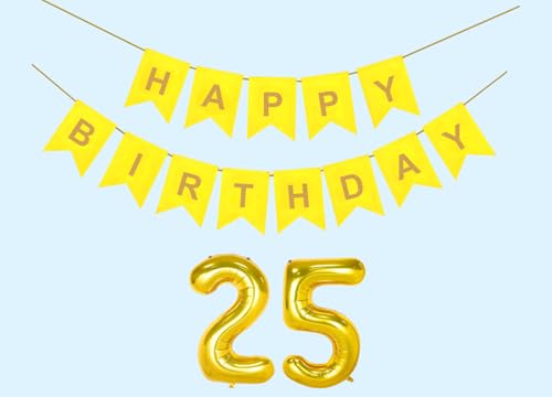 Image of 25th Happy Birthday Decoration Kit Yellow for 25 year Old Boys Girls Women with Number Twenty-five Party Decorations Decor Celebration Items Item Set Combo Reusable Paper Banner