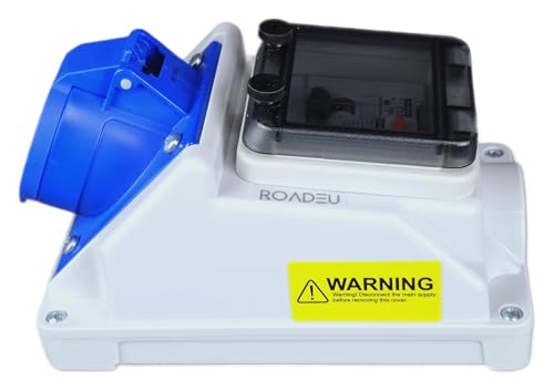 RoadEu - 32Amp Socket 3P 230V - Wall Outlet 230V with 32 amp Circuit Breaker and RCD, Monophase Power Distribution Box - Waterproof IP54