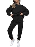 KANSOON Jogger Sets for Women 2 Piece Sweat Suit Casual Solid Color Round Neck Tops Sweatpants Outfits Lounge Set Black M