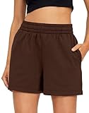 AUTOMET Womens Sweat Shorts Casual Summer Drawstring Comfy Elastic High Waist Running Clothes with Pockets Brown M