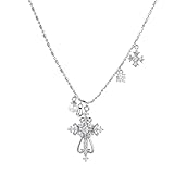 LOVCIA Celeste - Collar con colgante de cruz de celosía opalina, latón chapado en oro blanco, detalles de circonita y perlas, diseño de cruz barroca, cadena ajustable, uso de día y noche
