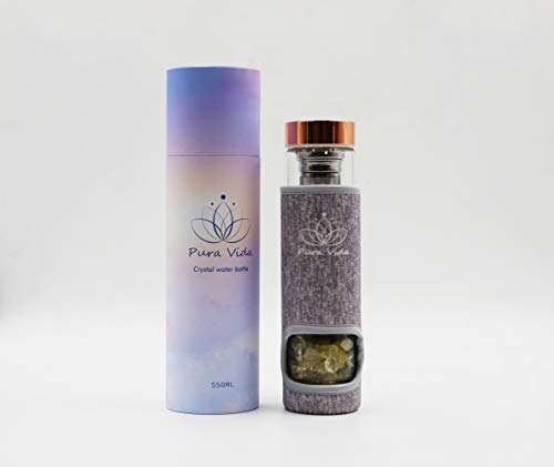 Pura Vida Crystal Elixir Water Bottle, Loose Leaf Tea Infuser Bottle, Double wall glass, Choice of Natural Rose Quartz Crystal or Citrine Stone. Neoprene Sleeve included, Eco-friendly (Citrine)