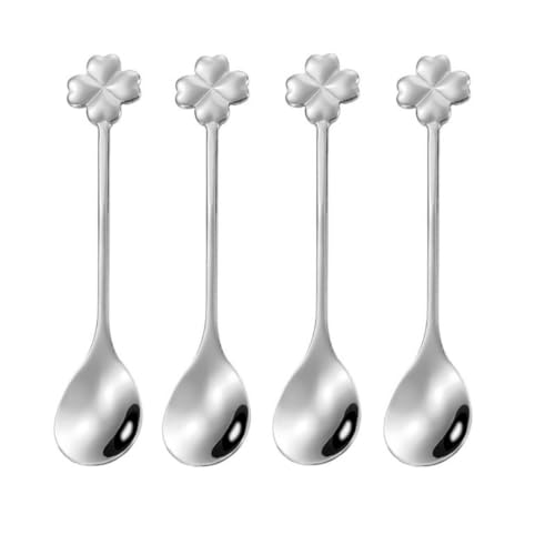 10 pcs Silver Four-Leaf Clover Stainless Steel Spoon Set, Unique Design for Coffee, Tea, Desserts, Ice Cream 4.7inch