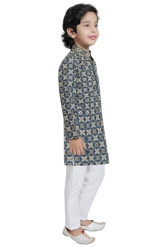 Image of TinySteps Boys' Ethnic Wear - Cotton Lakhnavi Chikan Kurta with Golden Sequence Work and Elastic Waist White Cotton Pajama - Festive & Wedding Outfit