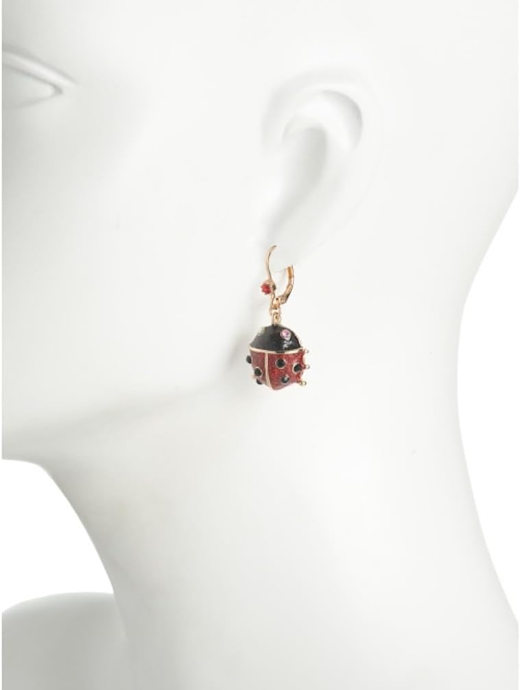 Betsey Johnson Ladybug Leverback Earrings, Red and Black Enamel with Crystal Accents