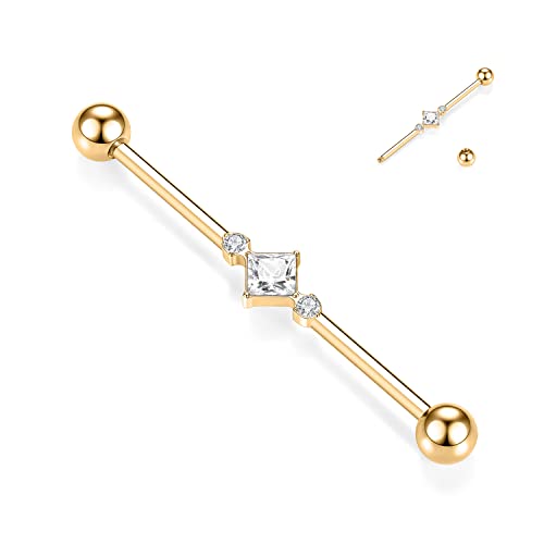 14G Industrial Barbell Chirurgenstahl Industrial Piercing Schmuck Gold Industrial Barbell 38 mm langer Gerüststab Industrial Bar mit quadratischem CZ gepflastertem Knorpelohrring Helix-Ohrringe Cover