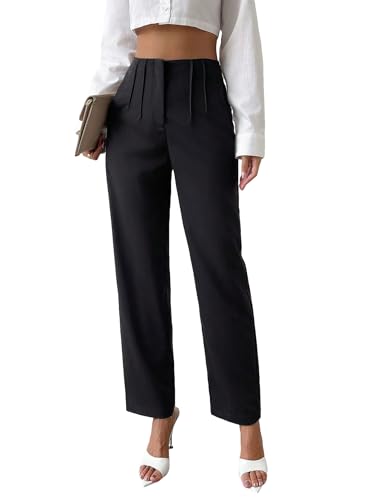 SweatyRocks Women's High Waist Pleated Straight Leg Pants Solid Zipper Long Work Trousers Pants