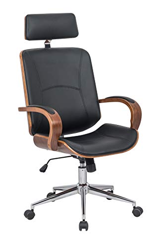 Ids Home Modern High Back Walnut Wood Office Chair With Pu Leather Curved Ergonomic Bentwood Seat Swivel, Executive Wheels, Headrest Lumbar Support, Height Adjustment - Black #TOP2
