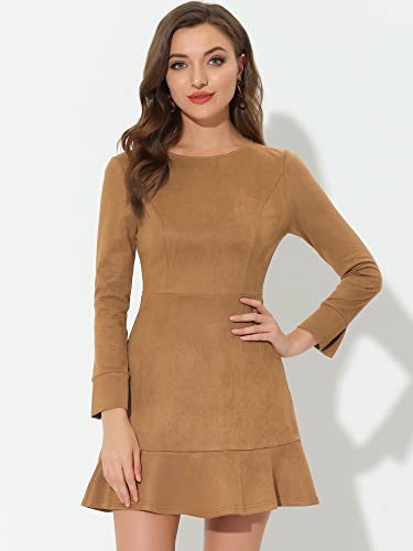 Allegra K Women's Faux Suede Round Neck Elegant Long Sleeve Ruffle Dress3