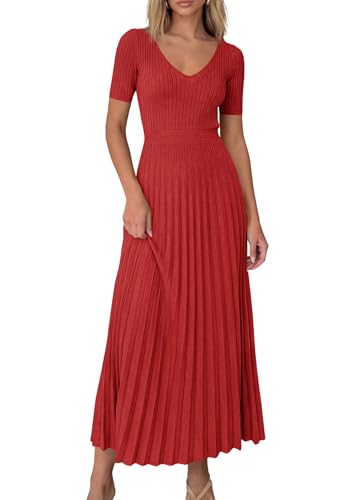 PRETTYGARDEN Women's 2026 Spring Midi Sweater Dresses Elegant Pleated Ribbed Knit Short Sleeve V Neck A Line Summer Outfits (Red,Small)