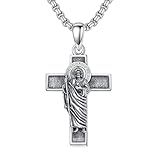 HARMONY BOLA Collar de plata de ley 925 con colgante de cruz de San Judas, amuleto religioso, regalo de joyería para hombres, maridos, cadena de 22 + 2 pulgadas