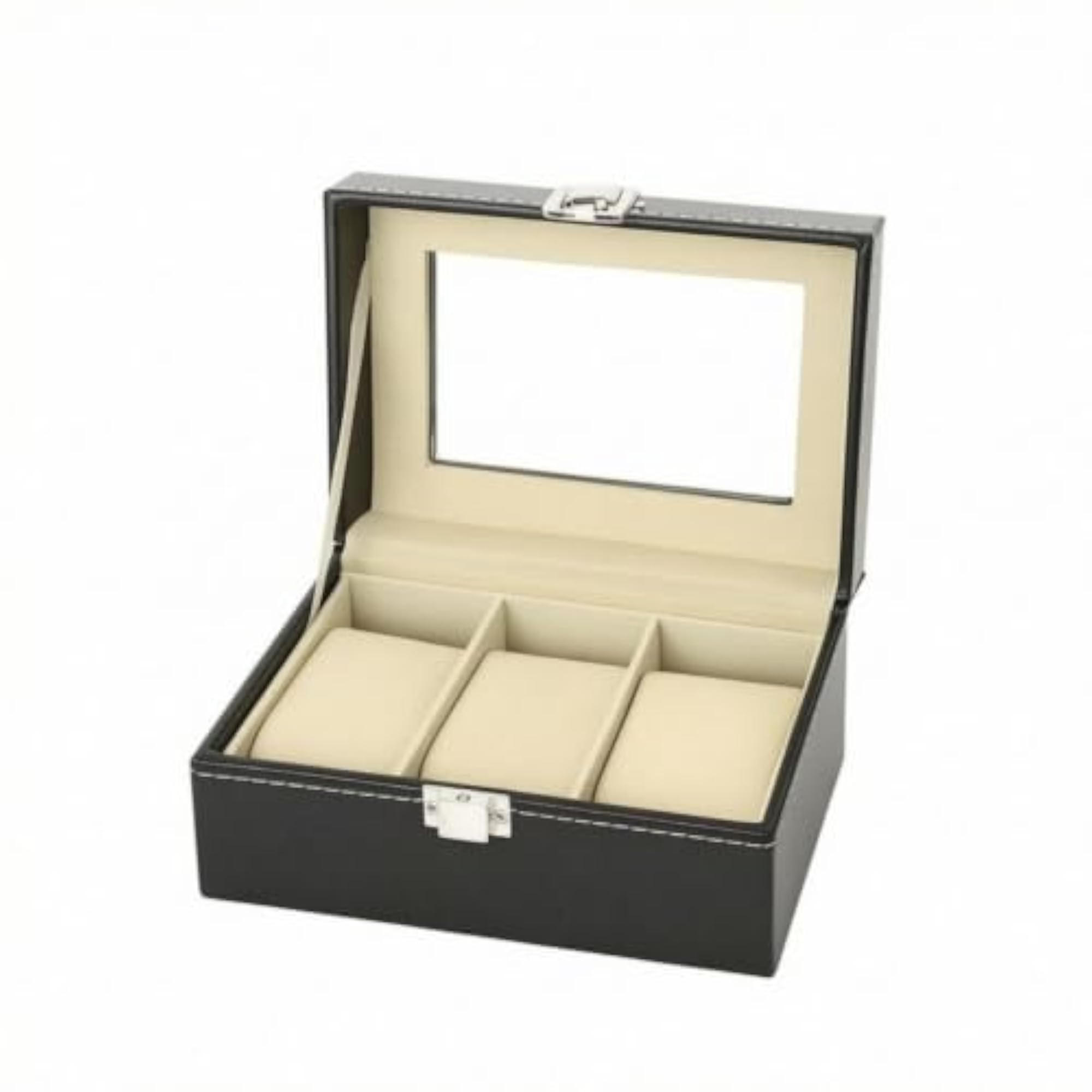 PU Leather Watch Organizer with Window, 3 Slot Box