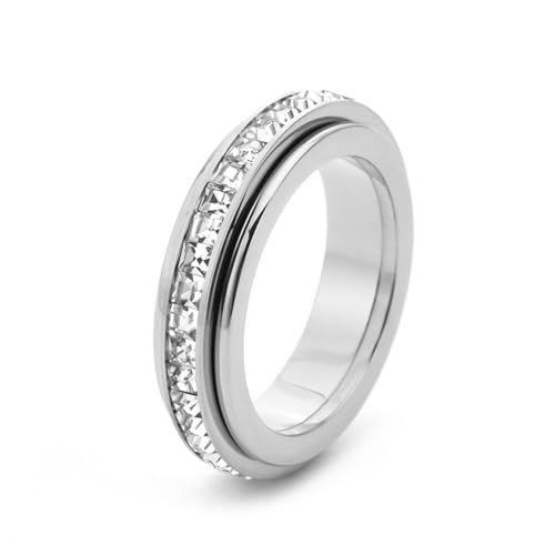 ChungLong0593 Titanium Steel Cubic Zirconia Spinner Ring for Women Relieving Anxiety Fidget Ring Jewelry-Silver 09