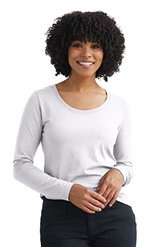 Fair Indigo Women's Organic Pima Cotton Long Sleeve Scoop Neck Tee (S, White)