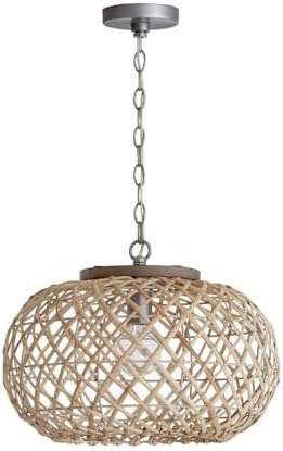 Capital Lighting 340811GK Rainey Natural Rattan Wide Basket Pendant, 1-Light 100 Watts, 14" H x 19" W, Grey Wash/Antique Nickel
