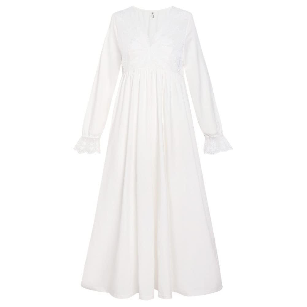 Nachtwäsche Damen,Damen-Nachthemden, Vintage-Weiß, V-Ausschnitt, Florale Spitzennähte, Elegantes Schlafhemd, Weiche, Bequeme, Lange Ärmel, Nachthemd, Nachtwäsche, Loungewear Für Damen, Mädche
