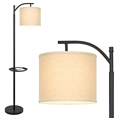Kira Home York 63 Minimalist Tray LED Floor Lamp (7W LED, Energy Efficient/Eco-Friendly) + Honey Beige Shade - Modern Standing Arc Light with Hanging Lamp Shade, Black Finish