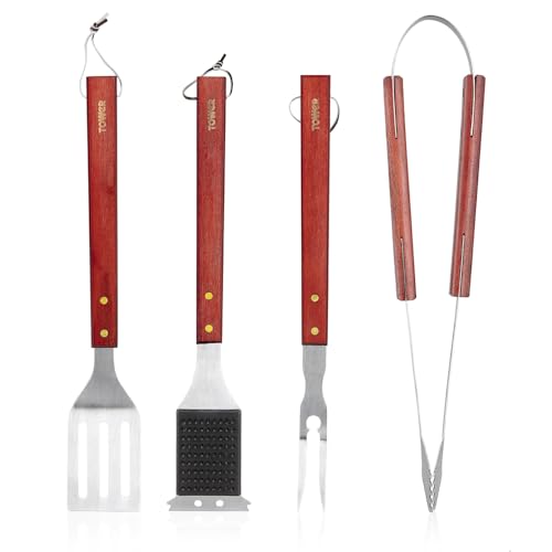 Tower 4 Piece BBQ Tool Set with Red Maple Wood Handles, Spatula, Fork, Tongs & Cleaning Brush, Stainless Steel