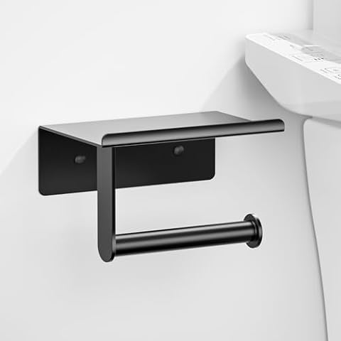 ASTOFLI Upgrade Toilet Paper Holder with Shelf, Rustproof Matte Black Toilet Paper Holder Wall Mount, Toilet Paper Roll Holder, Toilet Tissue Holder for Bathroom, Self Adhesive Toilet Paper Holder Cover
