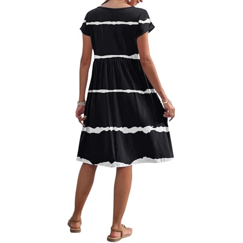 Ladies Summer Dresses 2026 Women's Short Sleeve Summer Dress Ladies Casual Midi Round Neck Loose Dress Elegant Vacation Beach Sun Dresses with Pockets 02-Black XXL - Image 4