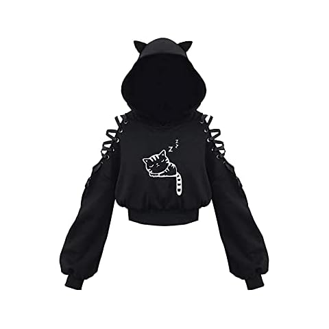 Women Cute Hoodie Casual Graphic Print off Shoulder Long Sleeve Cropped Hooded Sweatshirt Gothic Top (A-Little cat , S ) Cover