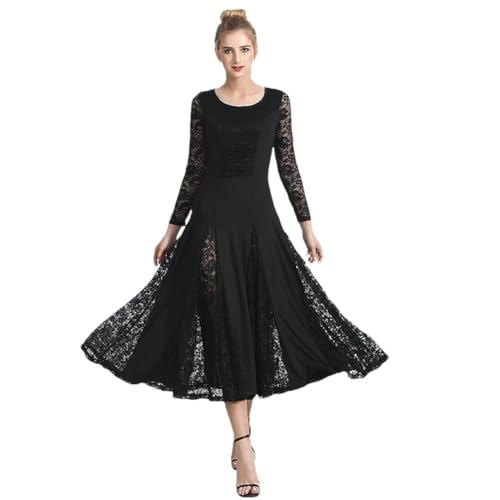 Modernes Tanzkleid für Damen, Ballsaal, Party, Tango, Standard-Tanz, Netzstoff, langärmelig, Performance-Anzug, Schwarz , XXL
